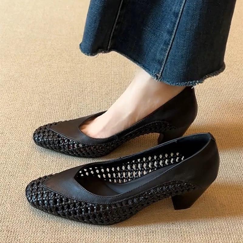 Fashion Retro Hollow Woven Low Heel Pumps Women Elegant Square Toe Thick Bottom High Heels Concise Comfortable Commuting Office Shoes