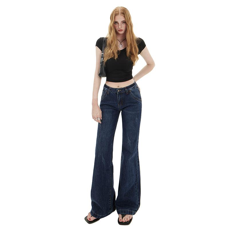 Spice Girl dark blue low-rise slightly pulled jeans women's spring and autumn new loose and thin wide-leg horseshoe flared pants