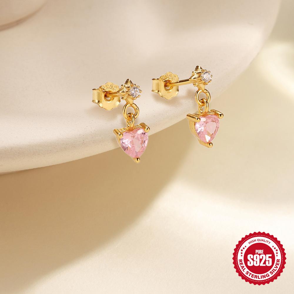 CANNER Pink Heart Shape Zircon Eight Pointed Star 925 Silver Stud Earring For Women Ins Tassel Flower Earring Gift