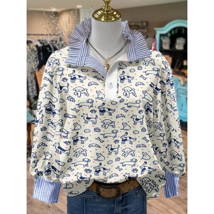 

Women s Retro Christmas Print Blouse - Striped Contrast Collar Long Sleeve, Santa & Gift Box Pattern, Loose Casual Top S