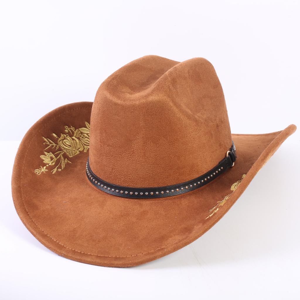 Beliebter europäischer und amerikanischer klassischer Wildleder Western Cowboyhut für Herren und Damen, großer Schirm, bestickt, Outdoor-Sonnenhut