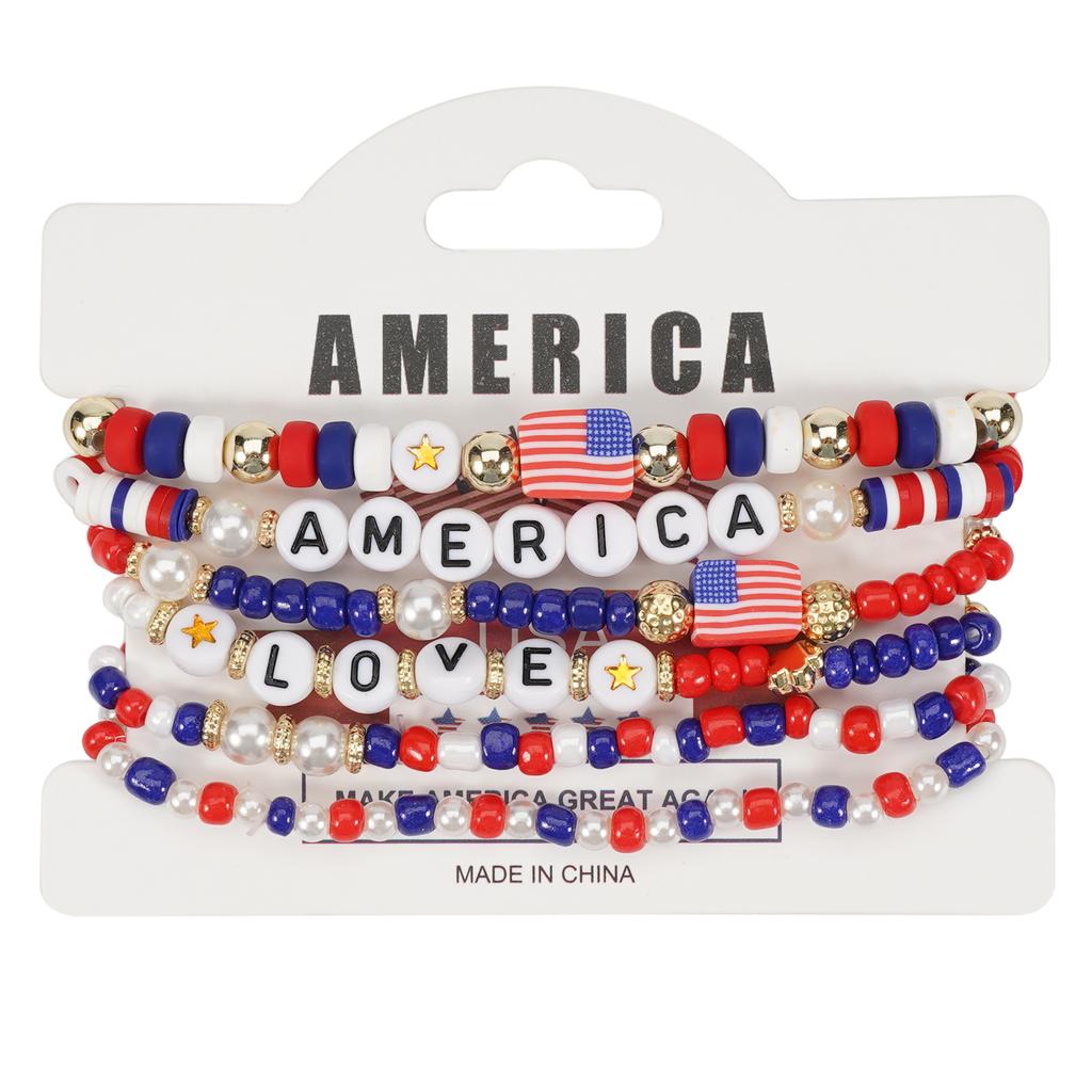 Pack of 6 Fashionable Patriotic Beaded Bracelets Elastic July 4th Jewelry Americans Flag Star Charm Party Accessories