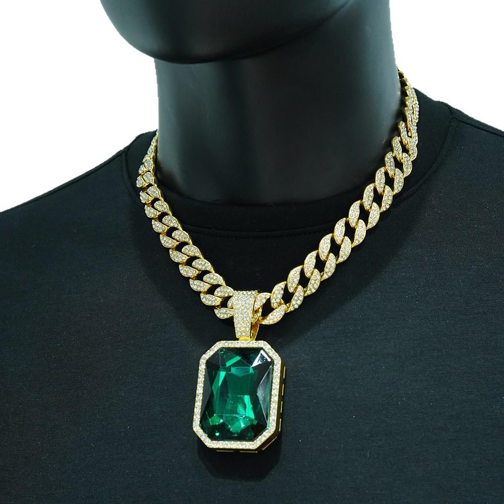European and American Jewelry Fashion Square Colored Gemstone Necklace Pendant for Men, Hip-hop Style, Full Diamond Cuban Chain Necklace, Unisex
