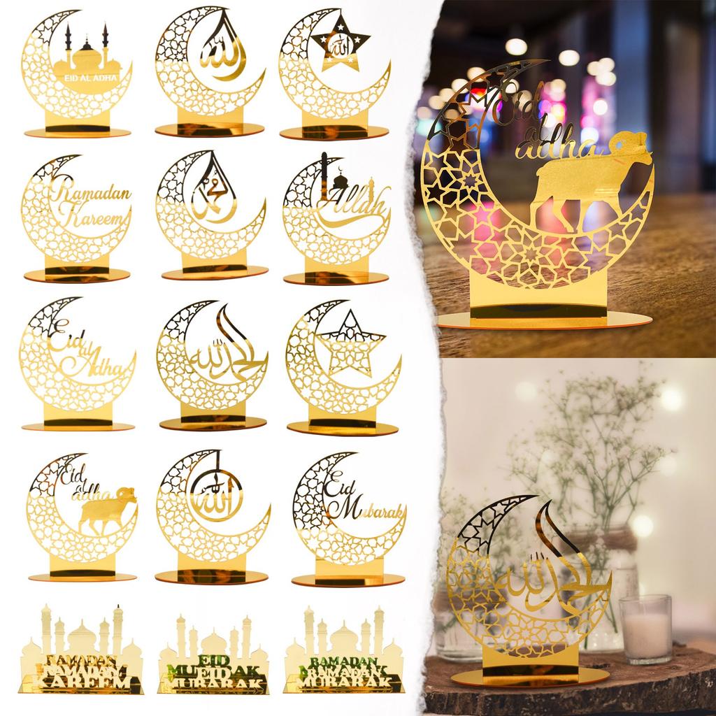 Gold Eid Mubarak Acrylic Ornament Ramadan Kareem Decoration Moon Star Lamp Craft for Home Islamic Muslim Party Supplies