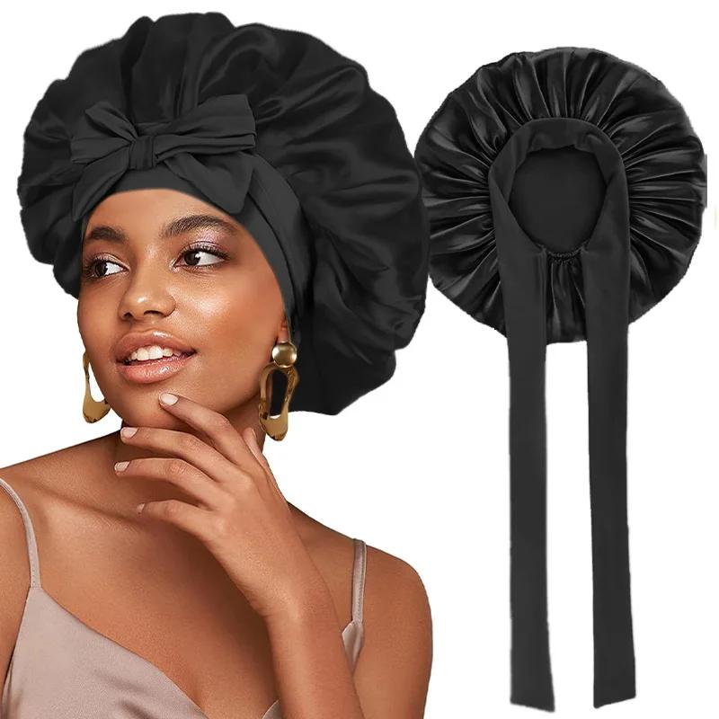 New Satin Solid Sleeping Hat With Stretchy Tie Band Elastic For Women Night Shower Cap Adjustable Hair Head Cover Bonnet Turban