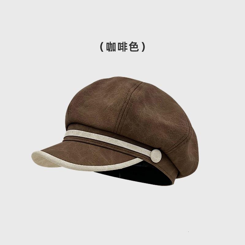 New pu leather brim octagonal hat female retro face little newsboy painter hat big head circumference beret
