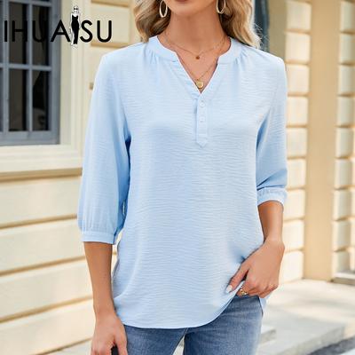 Spring/Summer Loose V-neck Button Solid Color Chiffon T-shirt Women's Top