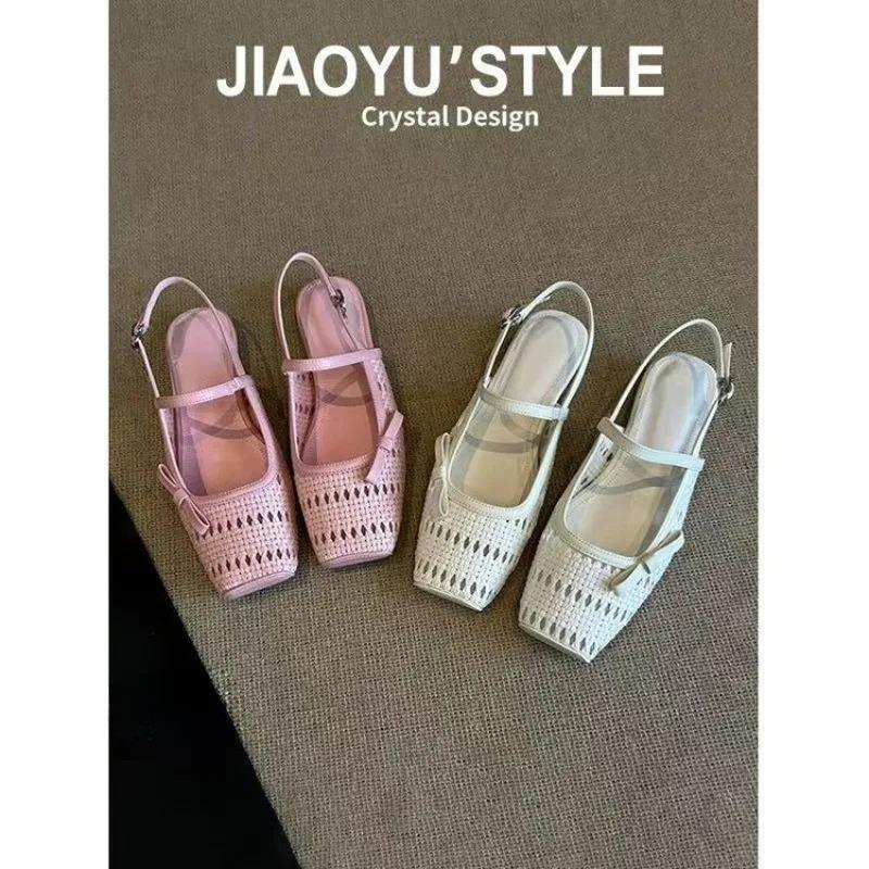 Fashion Resort-style Handmade Mary Jane Semi-flip-flops 2025 New Bow One-button Toe Sandals