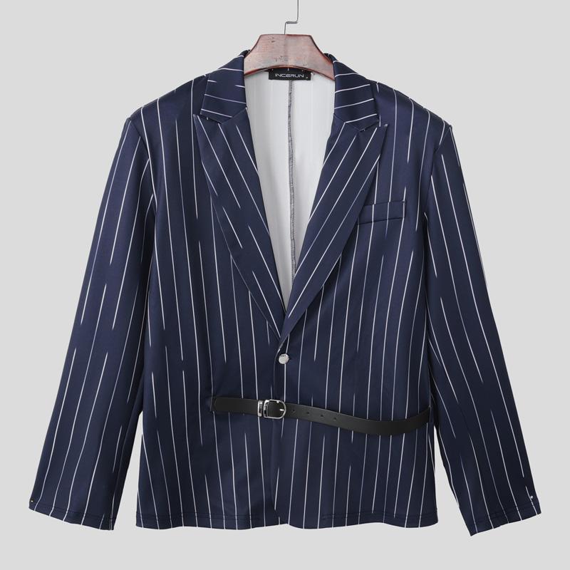 INCERUN Men Deep V Neck Long Sleeve One Button Striped Thin Blazer Short Coats