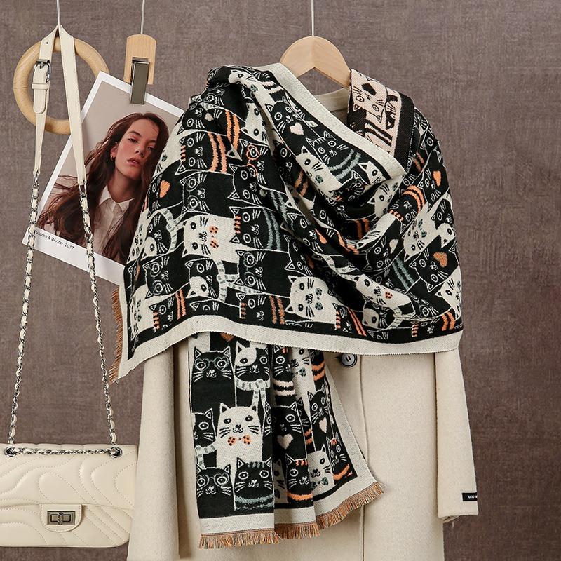 New Cute Cat Scarf Women's Autumn and Winter Velvet Thickened Imitation Cashmere Shawl with Warm Scarf Women