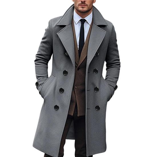 Men Long Woolen Coat Lapel Long Sleeve Solid Color Windbreaker Pockets Double Breasted Solid Color Mid-length M темно-серого