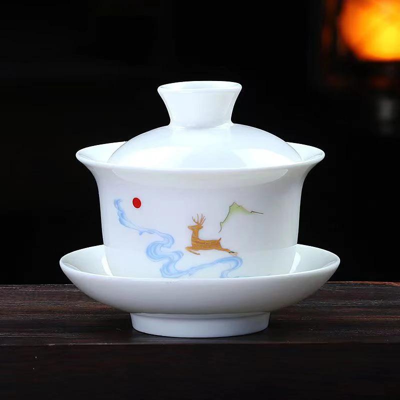 200ml Hand Painted White Porcelain  Tea Tureen Cup,cover Bowl Tea Set Gaiwan Tea Porcelain Pot Set Travel Beautiful Kettle