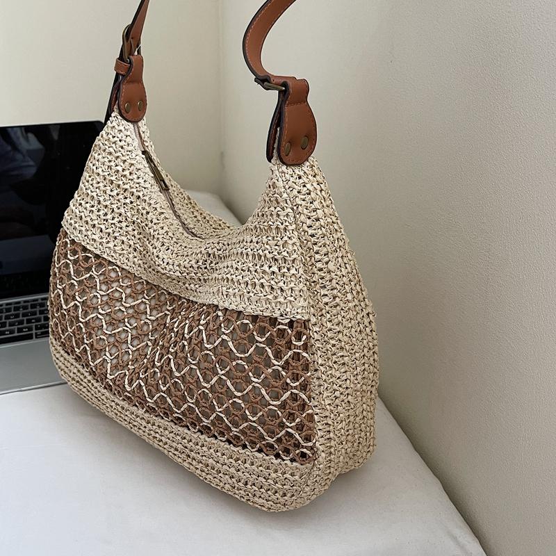 Crochet Mesh Shoulder Bag Women Summer Beach Tote With Leather Strap Natural Style Design