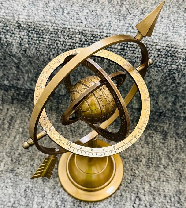 Brass Armillary 10'' Sphere With Arrow Nautical Maritime Engraved Globe Rashi
