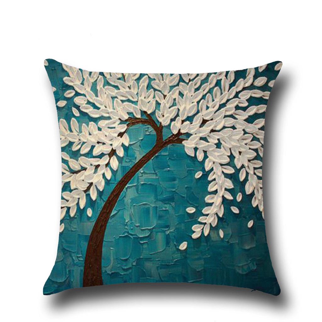 Three-dimensional Oil Painting Trees Flowers Cotton Linen Cushion Pillow Case Car Waist Cushion Cover