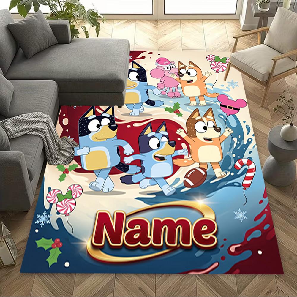 Bluey Soccer Fun Personalized Name Area Rug Design for Dining Room Balcony Dormitory Decorate room Anti-slip Rug Anime Office Decor Best for Christmas