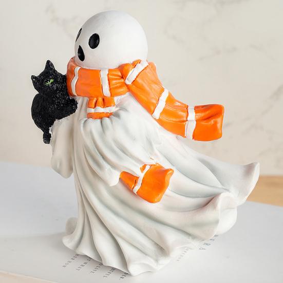 Halloween Ghost Figurine Resin Ghost And Black Cat Statue Desktop Ghost Wearing Scarf Ornament for Mantel Cabinet Shelf