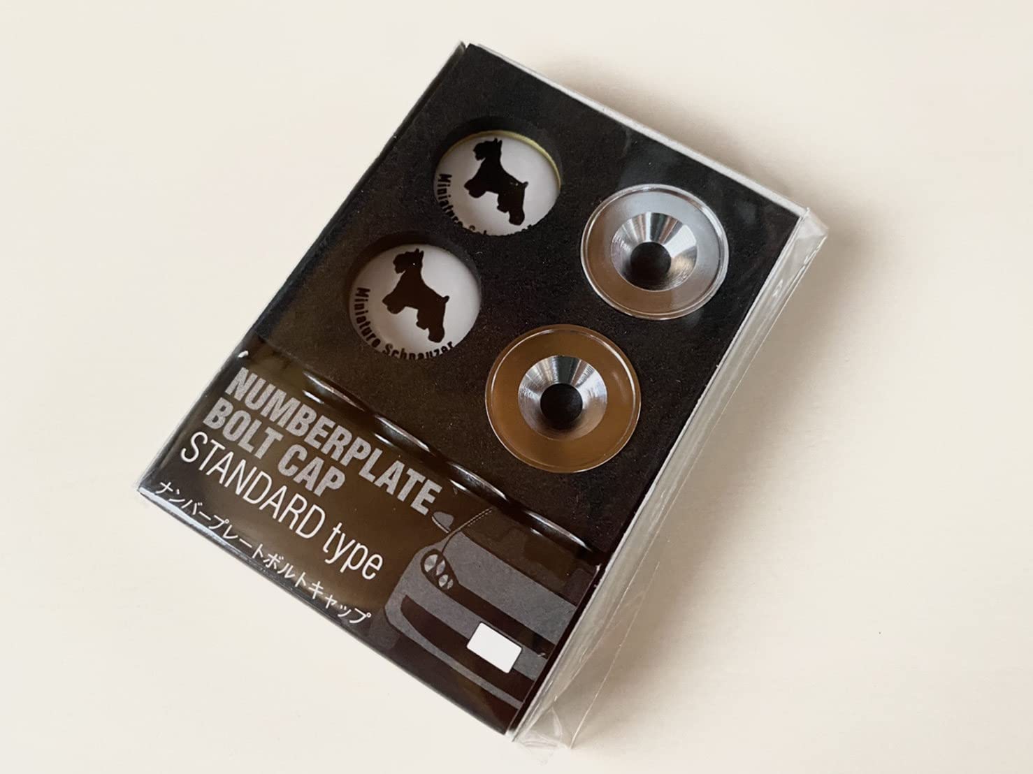 

Dog License Plate Bolt Caps, Made in Japan (Miniature Schnauzer)