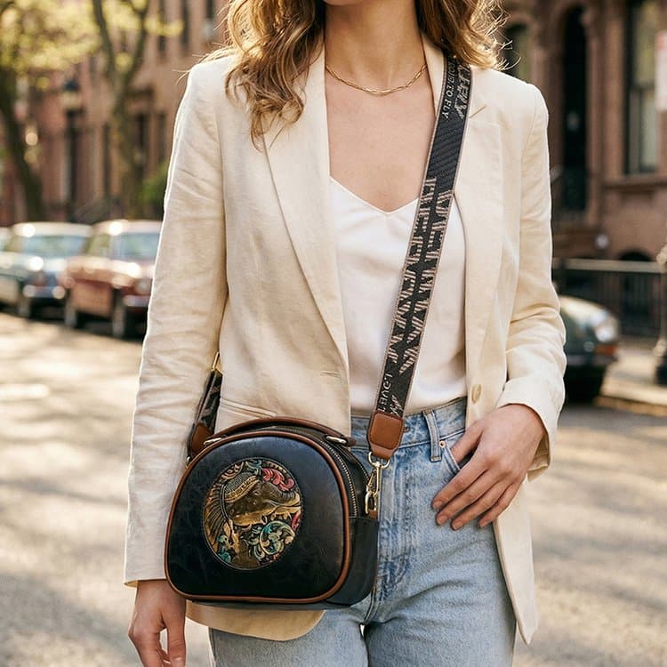 Vintage embossed soft leather small round bag women's shoulder bag