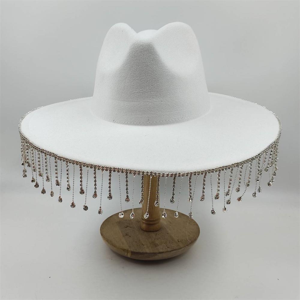 Women Rhinestone Tassel Decor Wide Brim White Fedora Hat For Party Cap Handmade Rhinestone Fringe Cowgirl Hat Wholesale