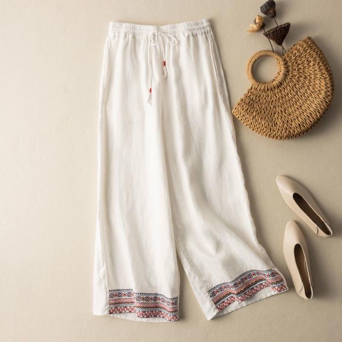 2024 Spring Summer Women's Cotton Linen Embroidered Wide-Leg High-Waist Casual Pants