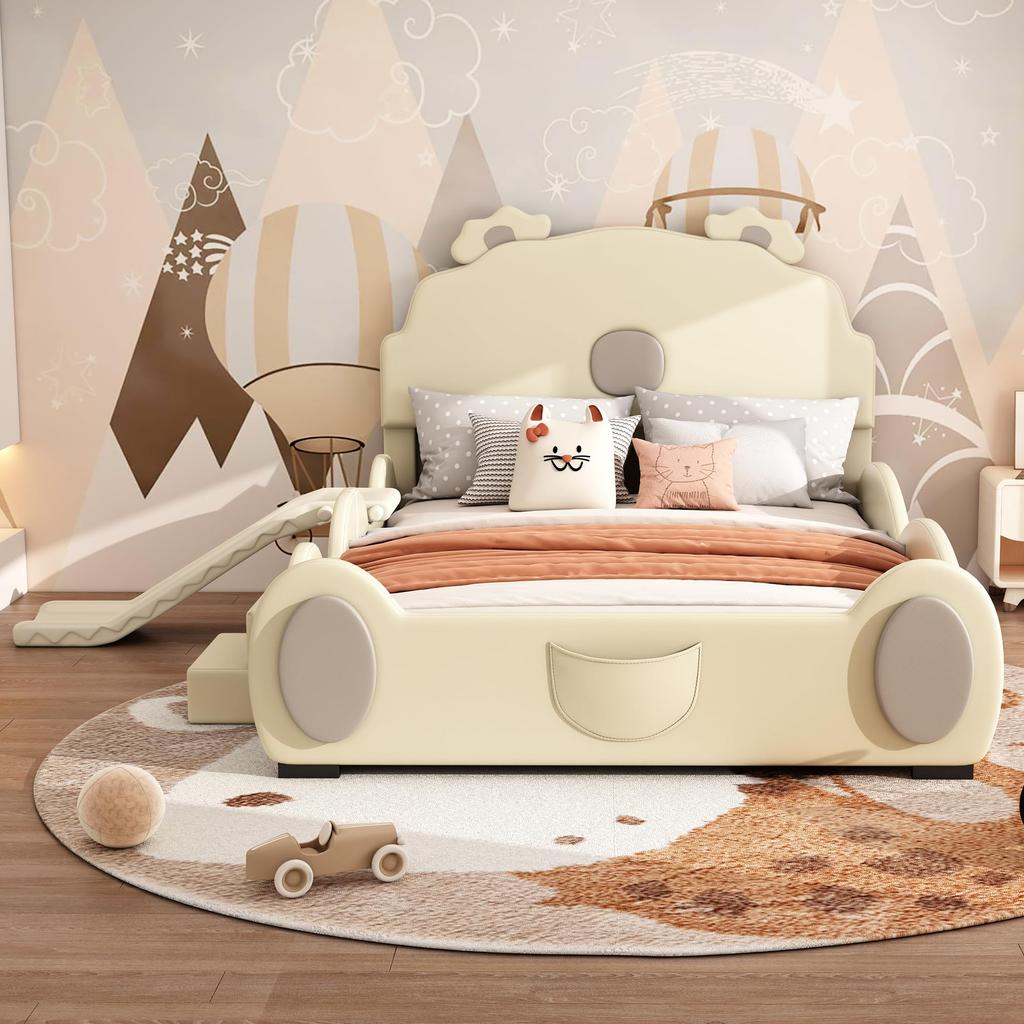 Polsterbett Kinderbett 140x200cm Cartoon Bett LED-Farbwechsellicht Rutsche Leiter Erwachsene Jugend PU-Material Ohne Matratze Beige