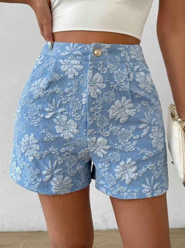 Women Fashion Summer High Waist Straight Jacquard Shorts S