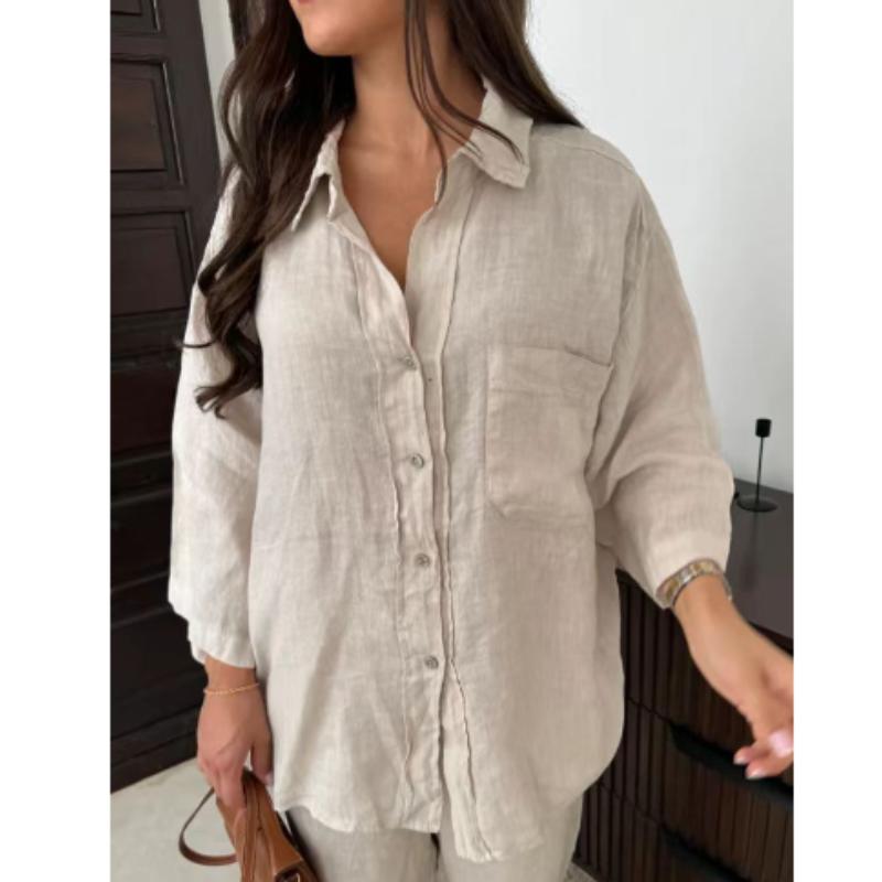 

Льняные брюки и рубашки с карманами, женские широкие брюки, комплекты с длинными рукавами, женские свободные наряды из 2 предметов для улицы XS бежевый