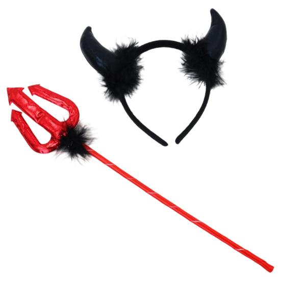 Magic Prop for Halloween Devil Horns Headband Pitchfork Lace Eye Masque Set, Plush Horn Cosplay Red Demon Costume Accessories Adults, Masquerade