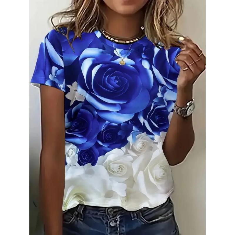 Fashion Women's Crew Neck T-Shirt 3D Flower Color Printing Crew Neck Short Sleeve