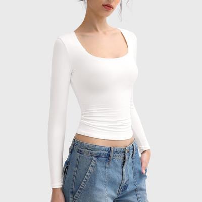 Frauen Bodenbildung Tops Scoop Neck Langarm Slim Fit Pullover Tops Einfarbig Hohe