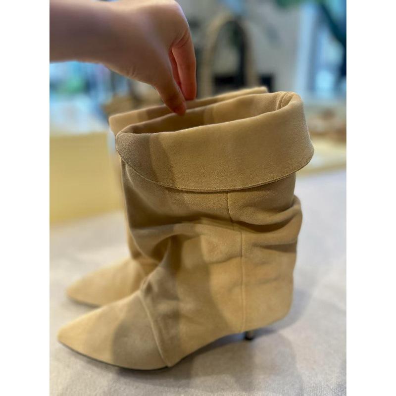 Sheepskin version~ pointed cat heel fold pile boots women's autumn and winter new fashion casual western boots versatile short boots