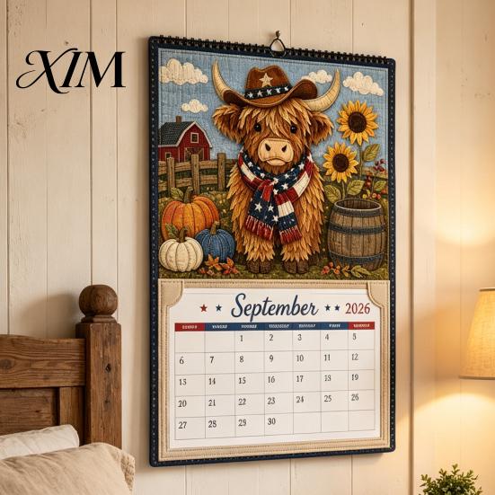 Crafting Project for Adults Highland Cow Farmhouse Calendar DIY Kit 12 Months, Handmade Rustic Theme Craft Set Paper And Cloth Set, Home Office Decor