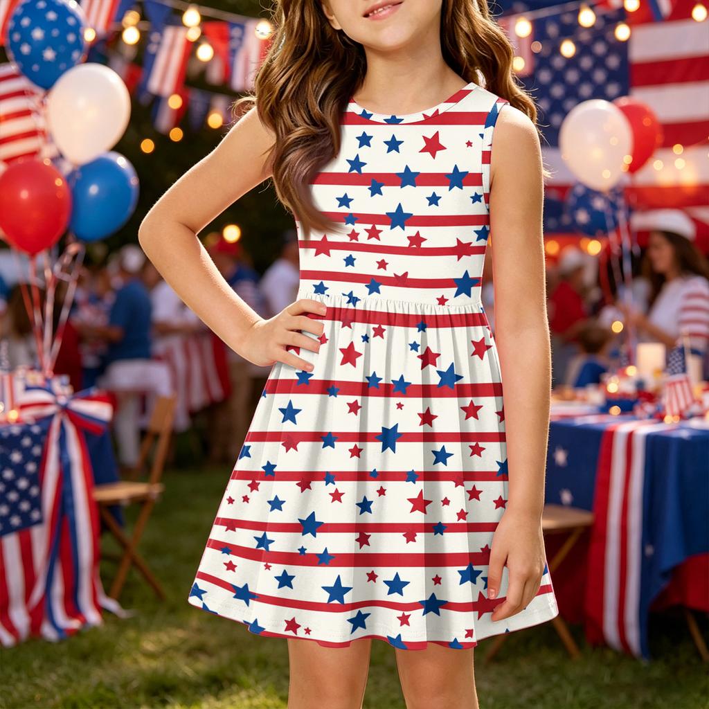 Girls' Summer Princess Dress - A-Line Vest Splice Dress Independence Day