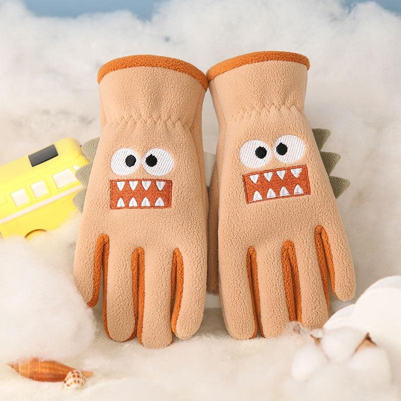 Cartoon Dinosaur Children Winter Gloves Thicken Warm Boys Girls Five Finger Gloves Kids Plush Outdoor Riding Ski Gloves