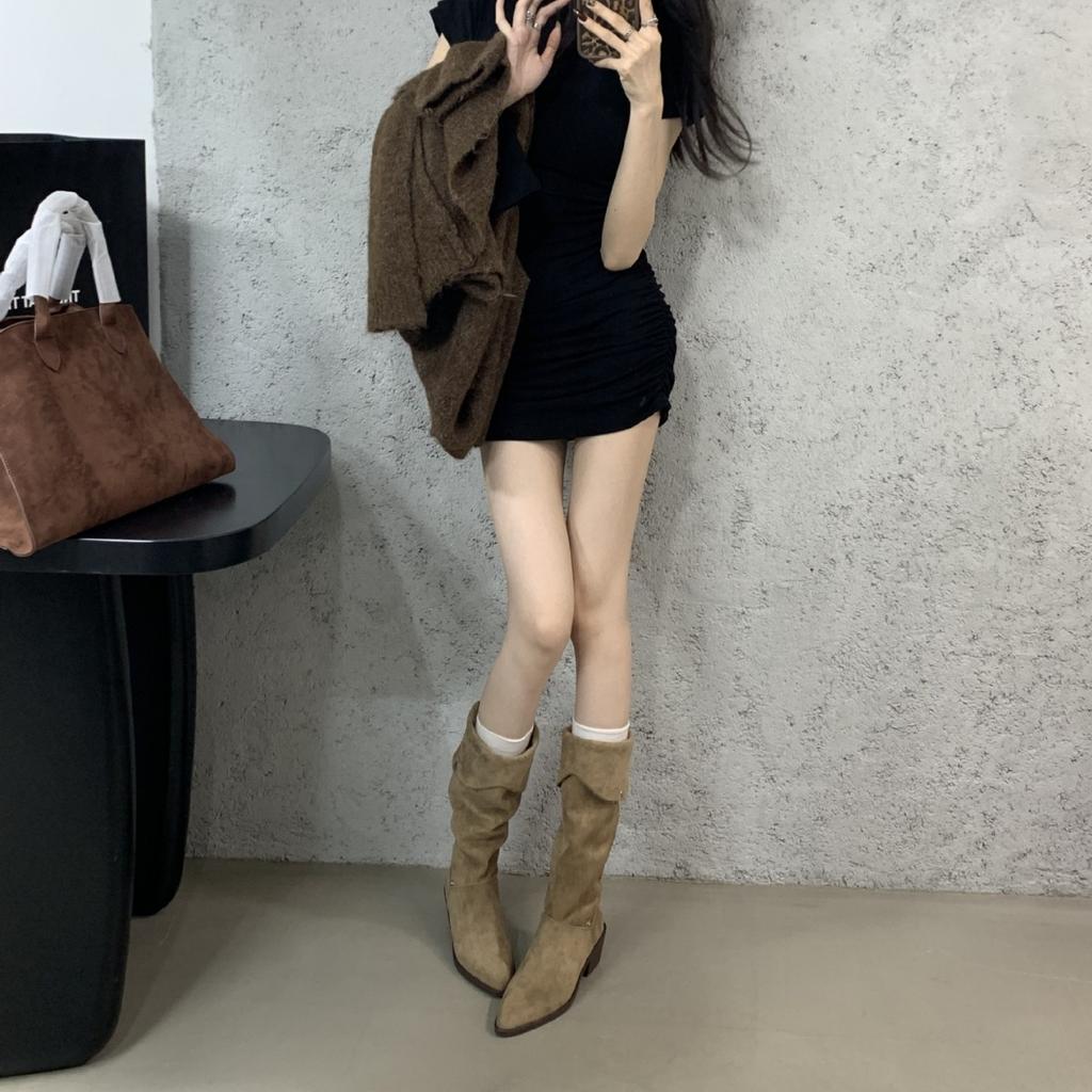 Internet Celebrity Fashion Wear Pile Boots Women 2025 Autumn New Wear Versatile Flip Through Thin Middle Heel Fashion Boots