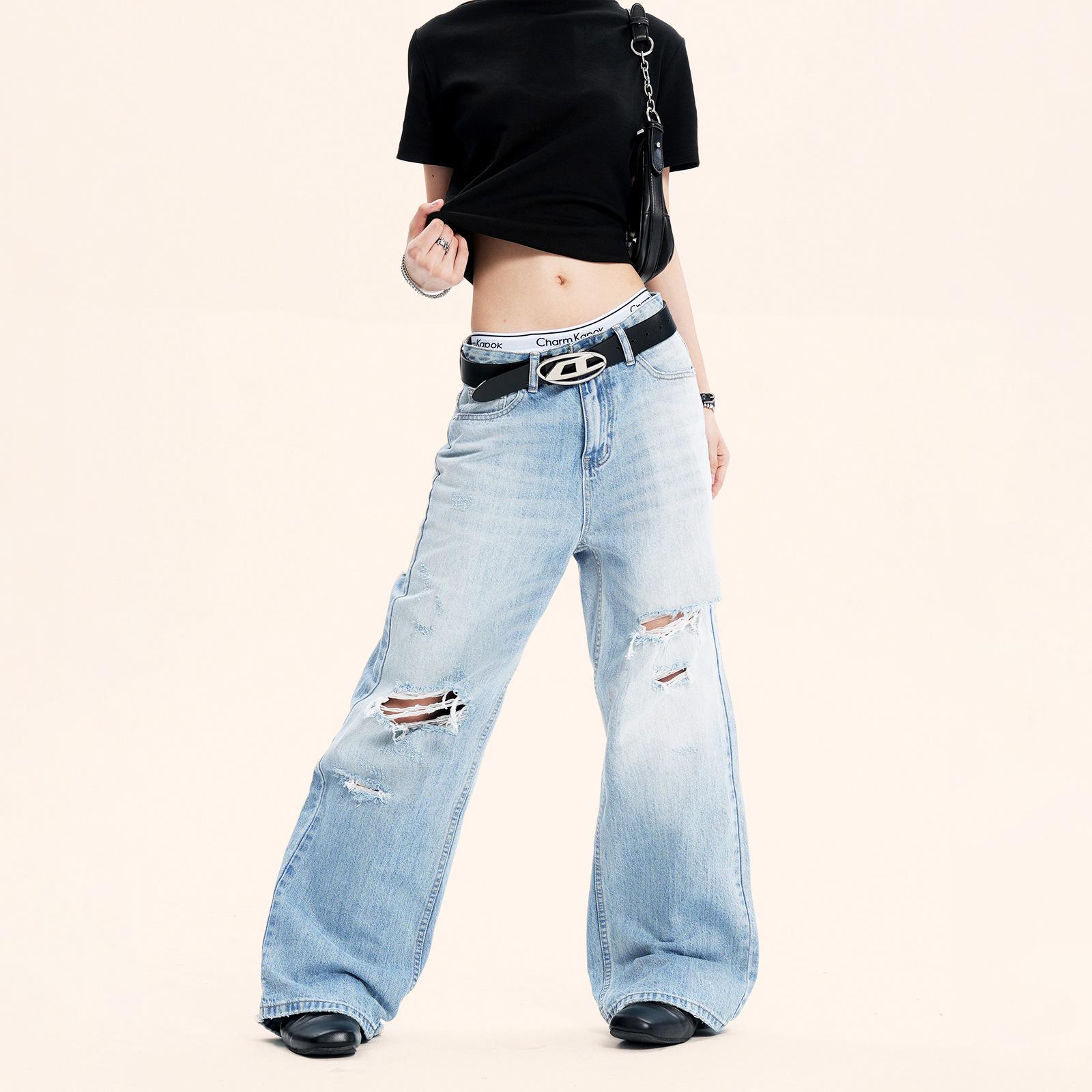 

Yongfang Ретро Выбеленные Синие Рваные Джинсы Широкие Штанины - Универсальные, Свободные, Потертые, Длинные Брюки Medium