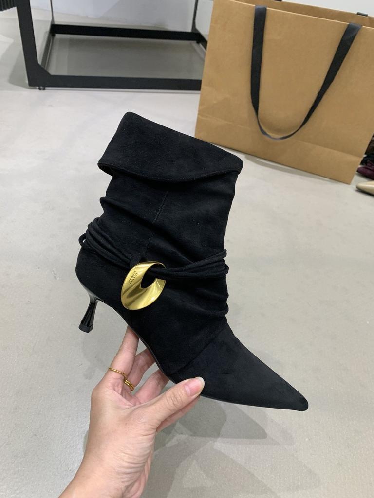 Two wear pointed suede short boots women's high heel heightening pleated pile boots western cowboy boots