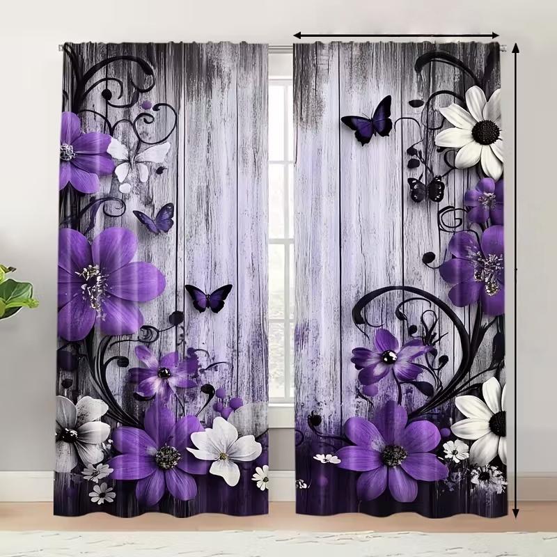 2Pcs Purple Flower Butterfly Print Curtains,suitable for Bedroom,living Room Kitchen Decoration,home Decoration,window Decor