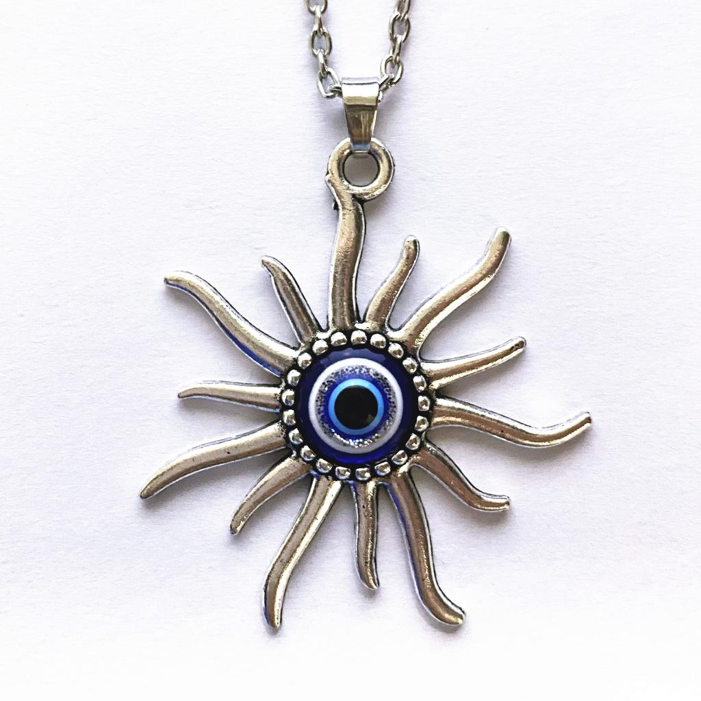 Trendy Personality Turkish Blue Eyes Hollowed-out Pattern Crescent Moon Sun Evil Eye Pendant Necklace for Women Men Jewelry Gift
