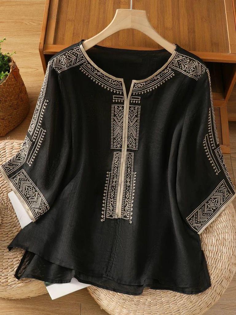 2026 Summer Tencel Linen Mid-Sleeve T-Shirt for Middle-Aged & Elderly Women, Loose Casual Solid Color Top