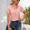 Women's Square-neck Top Pleated Solid Color Loose Button T-shirt