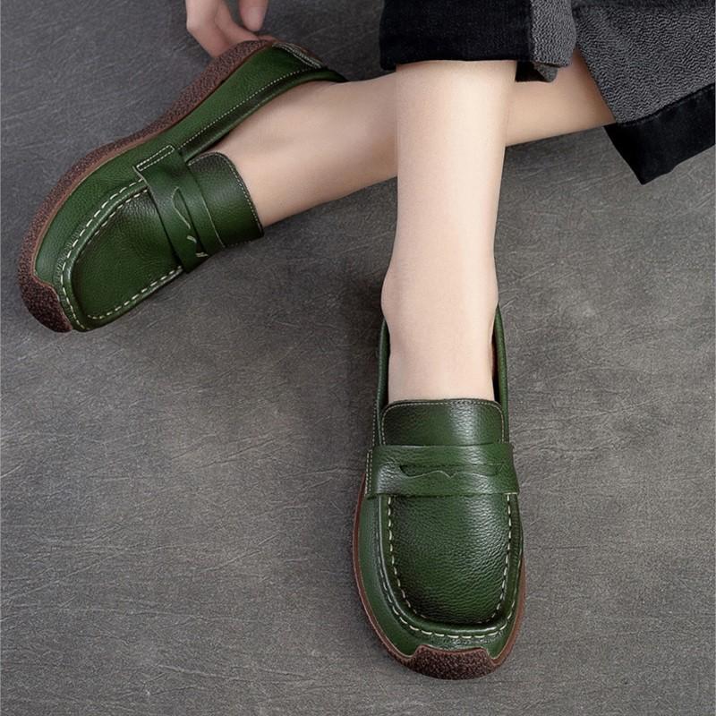 Johnature Retro Women Genuine Leather Flats Shoes Handmade Shallow Soft Sole Casual Round Toe Loafers