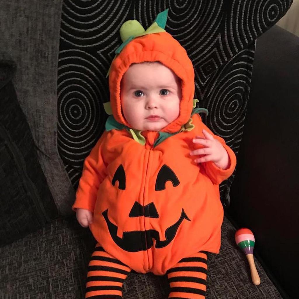 Buy Newborn Baby Pumkin Print Halloween Zipper Hooded Romper Bodysuit