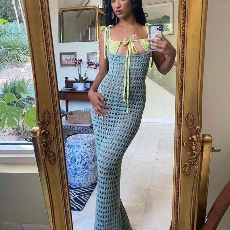 

Liangli Summer New Arrival Export Plus Size Open Back Beach Sweaters Bikini Plus Size Long Cutout Blouse Long Dress Light Blue L