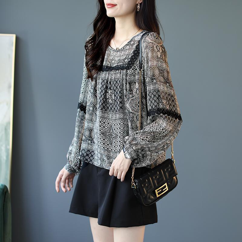 

Тонкая кружевная лоскутная блузка из шифона с принтом для женщин, топ с длинным рукавом, свободная весенняя футболка 4XL чёрный