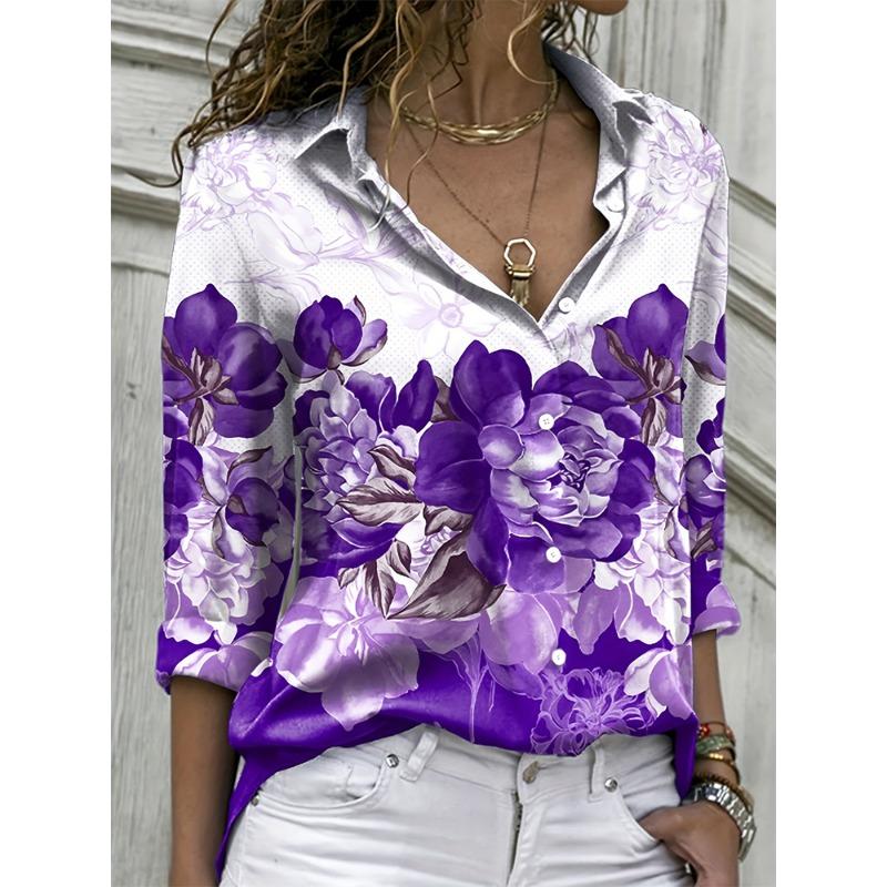 Plus Size Summer Women's Printed Pattern Shirt Single Row Button Lapel Long Sleeve Shirt Polyester Material