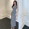 Summer Senior Sense Crew-neck Striped Color Contrast Patchwork Bag Hip Slimming Knit Dress