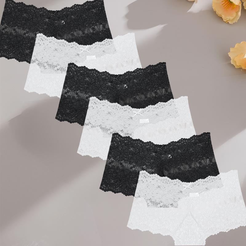 FINETOO 6 Stück/Set Damen Slips Aushöhlen Spitze Mittelhoch Elastisch Durchsichtig Sternspitze Vierkant-Hose Damen Unterhosen