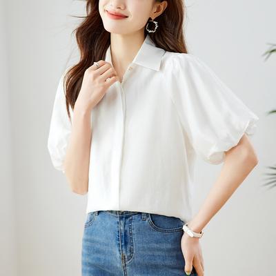 Weißes Kurzarmhemd mit Puffärmeln für Damen im Sommer, locker für den Arbeitsweg, leichter und reifer Stil, elegantes Oberteil